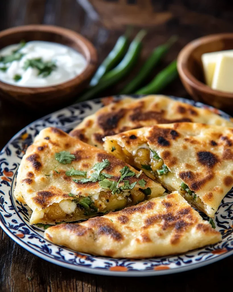 Stuffed Kulcha Recipe – The Best 9-Step Homemade Guide 4 freshly cooked stuffed kulcha with ghee and chutney