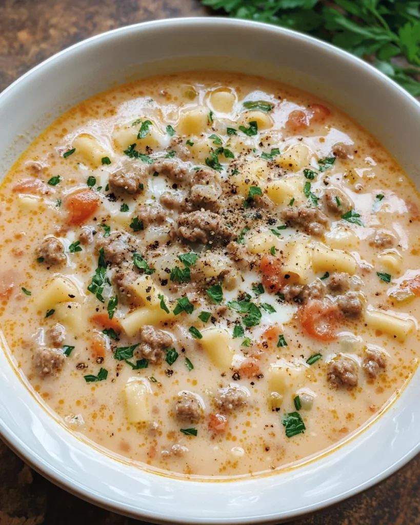 Creamy Parmesan Italian Sausage Soup – The Best 30-Min Comfort Meal 5 creamy parmesan Italian sausage soup in a bowl with fresh garnish