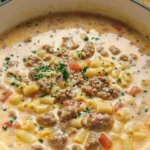 creamy parmesan Italian sausage soup in a bowl with fresh garnish