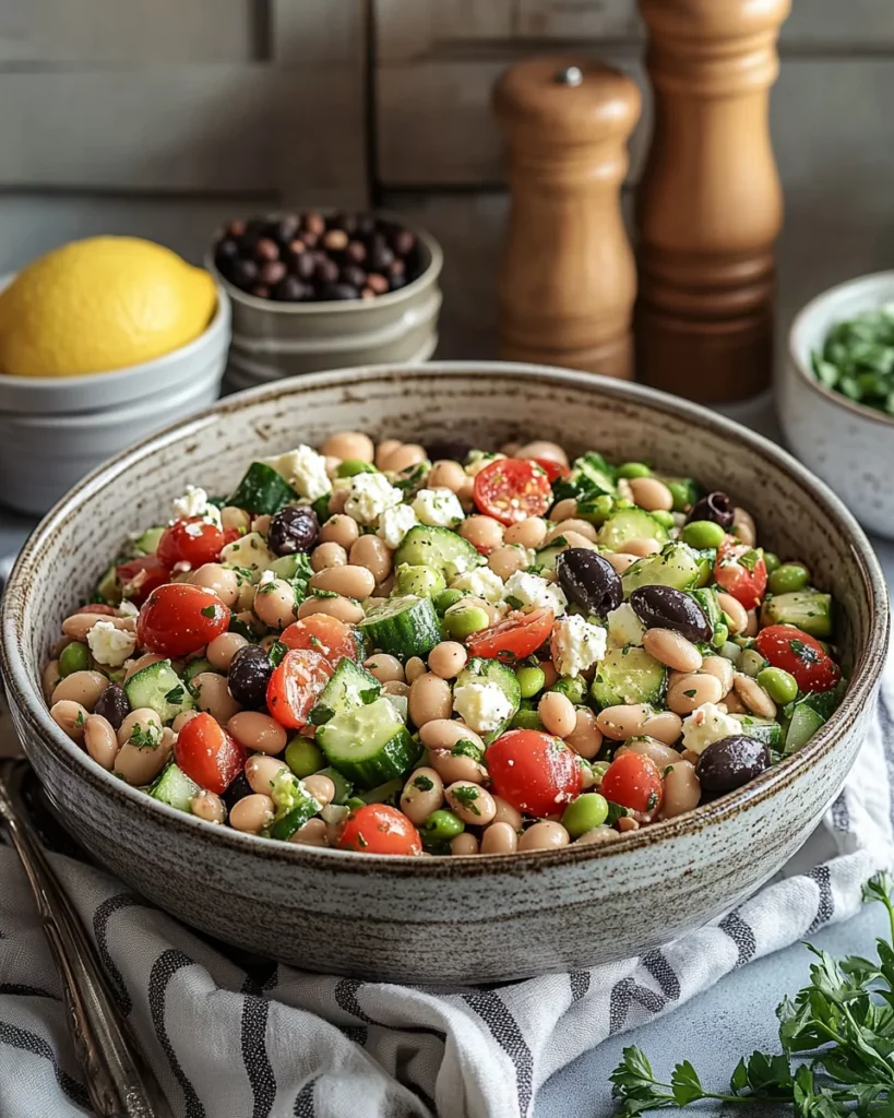 High Protein Bean Salad – The Best Nutrient-Packed Recipe 3 High protein bean salad with chickpeas and edamame close-up