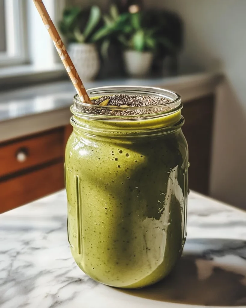 Matcha Avocado Smoothie – The Best 5-Minute Green Energy Boost 6 Matcha avocado smoothie with chia seeds in a glass jar