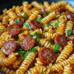 One-Skillet Spicy Honey BBQ Sausage & Pasta 4 One-Skillet Spicy Honey BBQ Sausage & Pasta in cast iron skillet