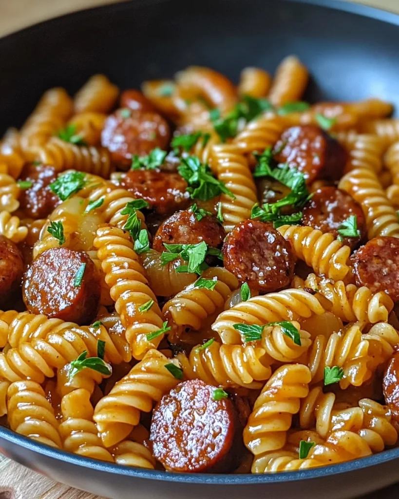 One-Skillet Spicy Honey BBQ Sausage & Pasta 3 One-Skillet Spicy Honey BBQ Sausage & Pasta in cast iron skillet