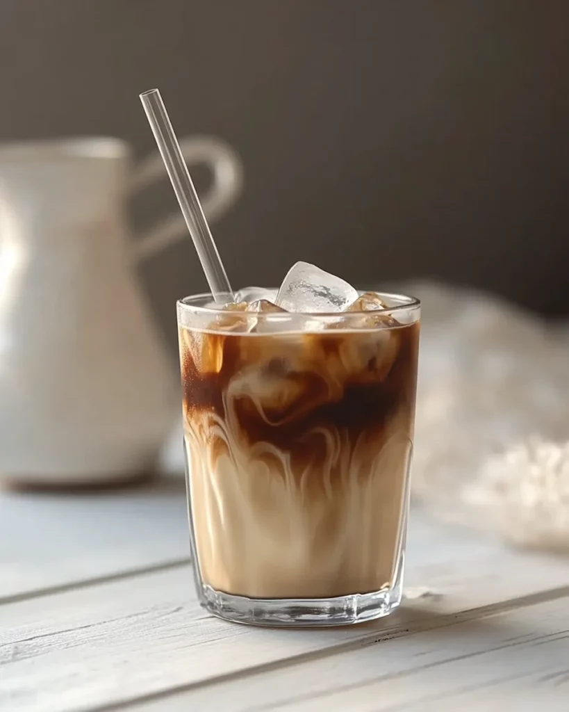 Tahini Iced Coffee: The Best Creamy Drink 3 tahini iced coffee in glass with creamy swirl