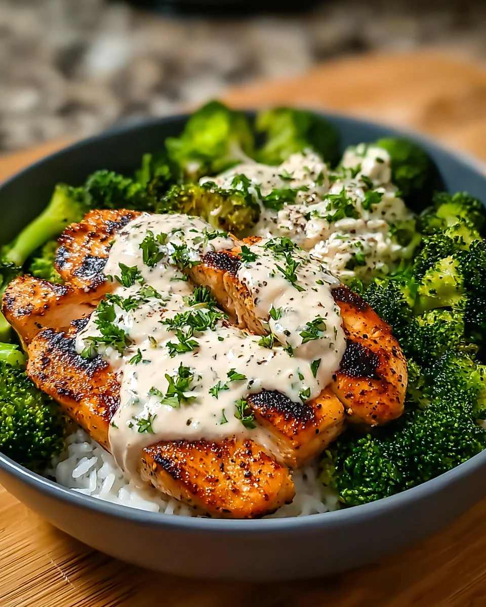 Grilled Chicken & Broccoli Bowls with Creamy Garlic Sauce