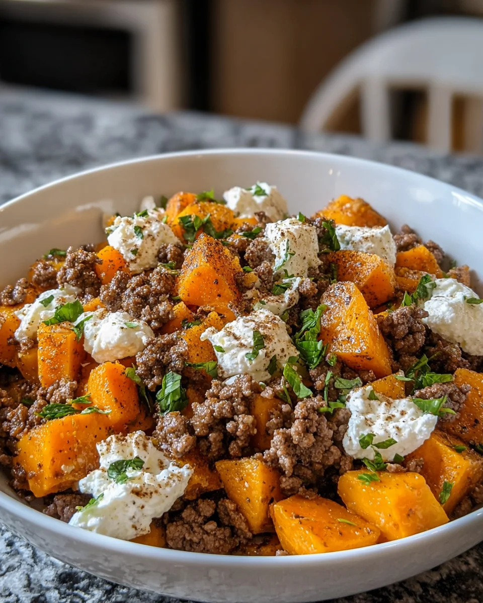 Ground Beef Sweet Potato Cottage Cheese Bowl