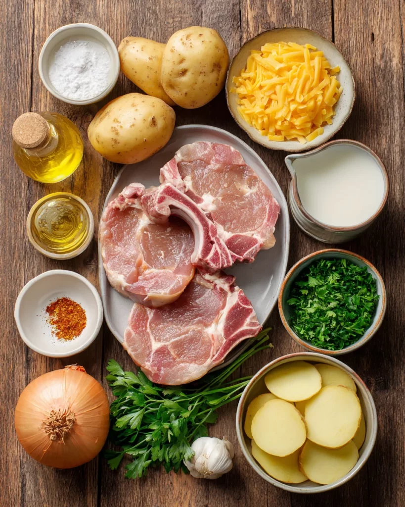 Smothered Pork Chop Scalloped Potato 4 codinofouad A photo of the ingredients 4 bone in pork chops a cda4c3ce a776 48a9 b407 78a0bedd0955 2
