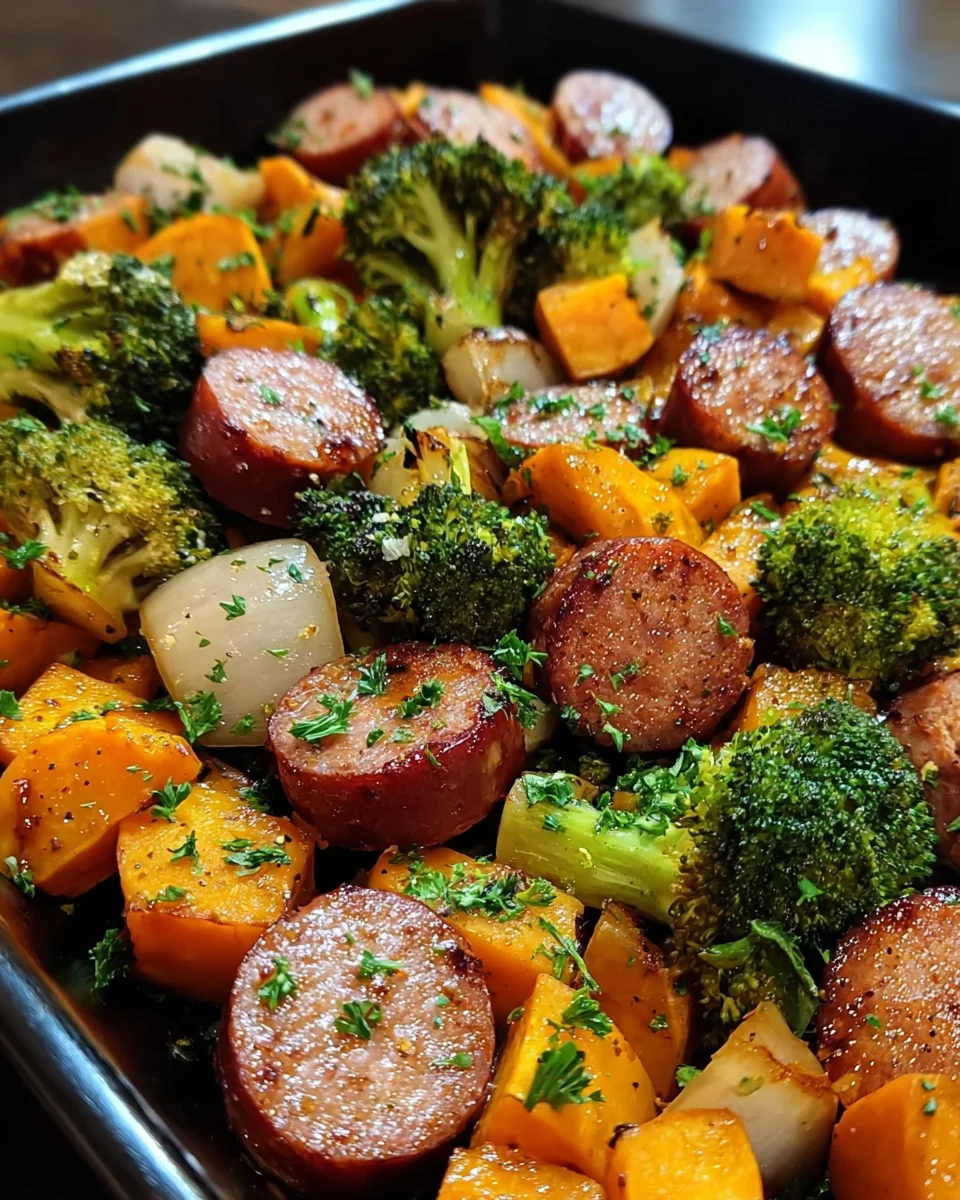 Sheet pan sausage and sweet potatoes with honey garlic sauce