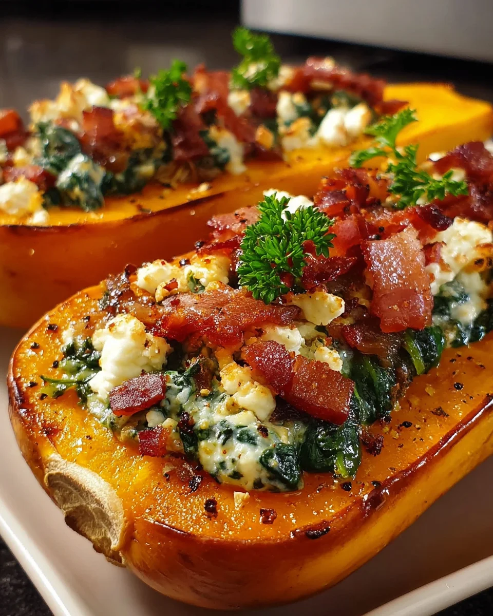 Stuffed butternut squash filled with feta spinach and bacon