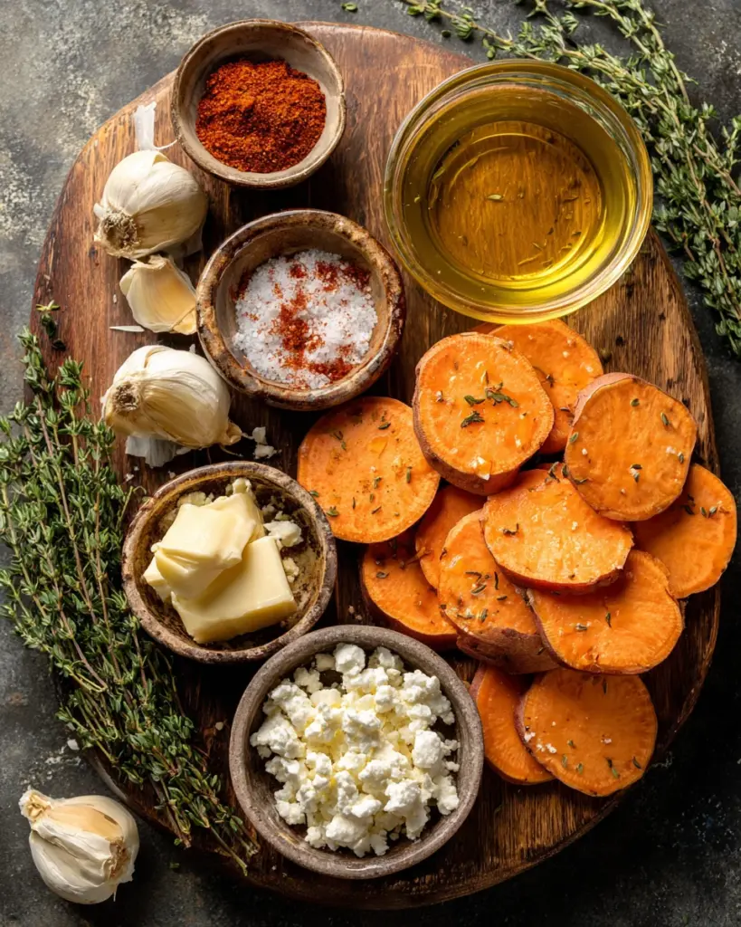 Honey Feta Sweet Potatoes 6 codinofouad flat lay of fresh ingredients for 3 medium sweet e996816a 4671 4ced ba92 6810338c8232 0