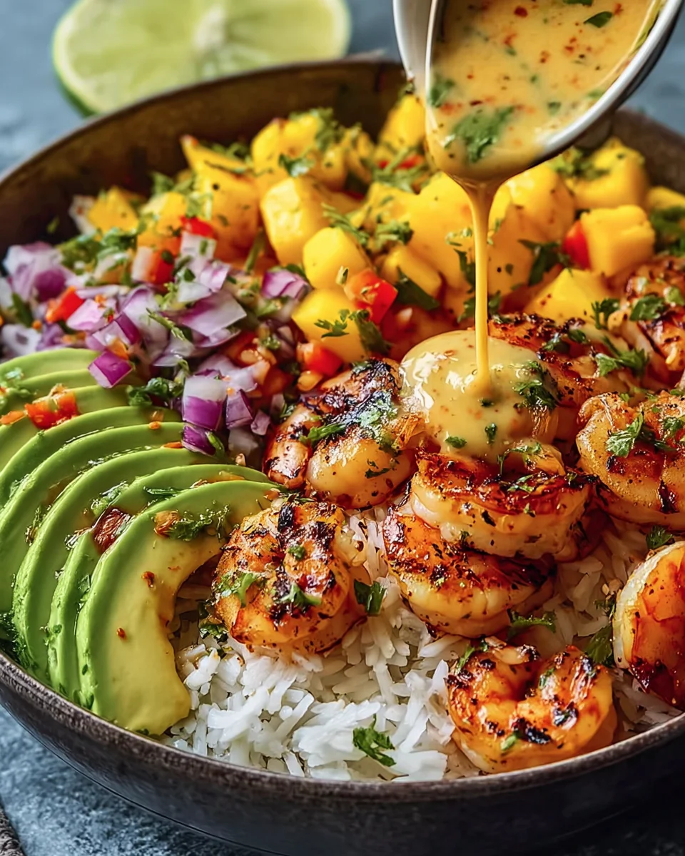 Shrimp and Avocado Bowls with Mango Salsa & Lime-Chili Sauce