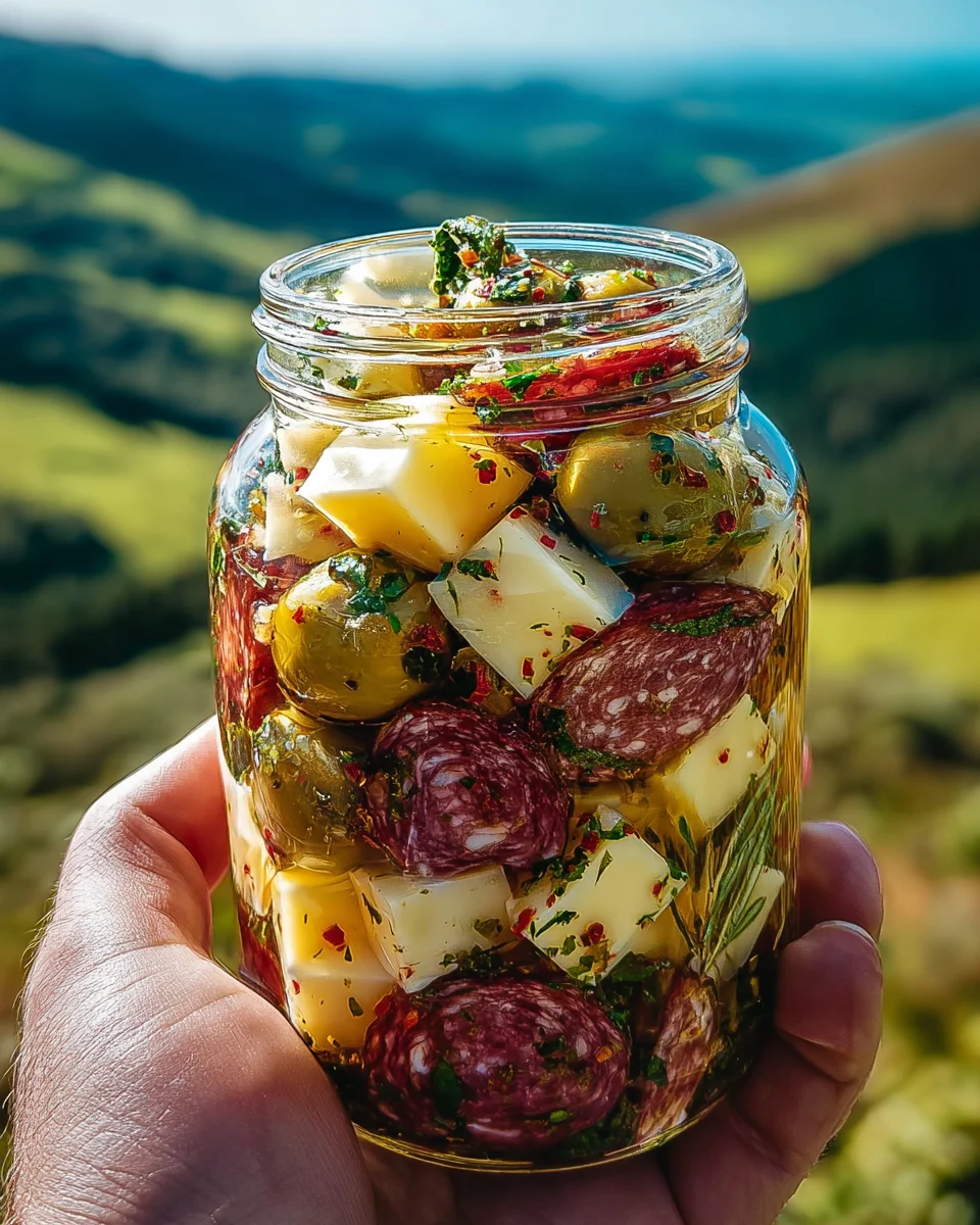 Marinated Cheese & Salami Jar Bites