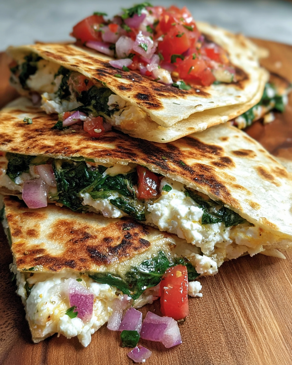 Mediterranean Quesadillas with Spinach, Feta, Mozzarella, and Red Onion