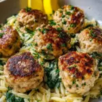 Lemony Chicken Ricotta Meatballs Over Garlic Spinach Orzo