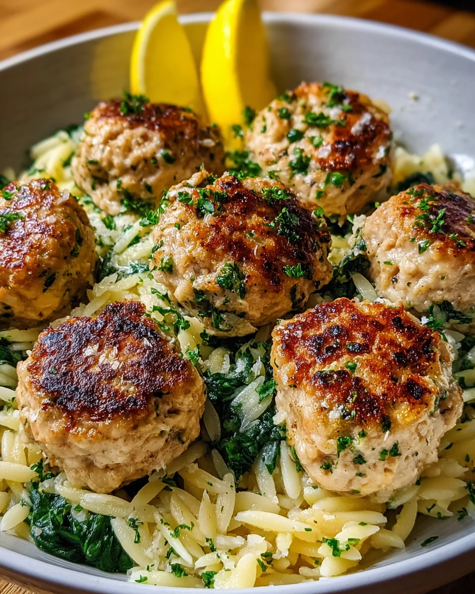 Lemony Chicken Ricotta Meatballs Over Garlic Spinach Orzo