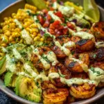 Grilled Shrimp Bowl With Avocado, Corn Salsa & Creamy Garlic Sauce