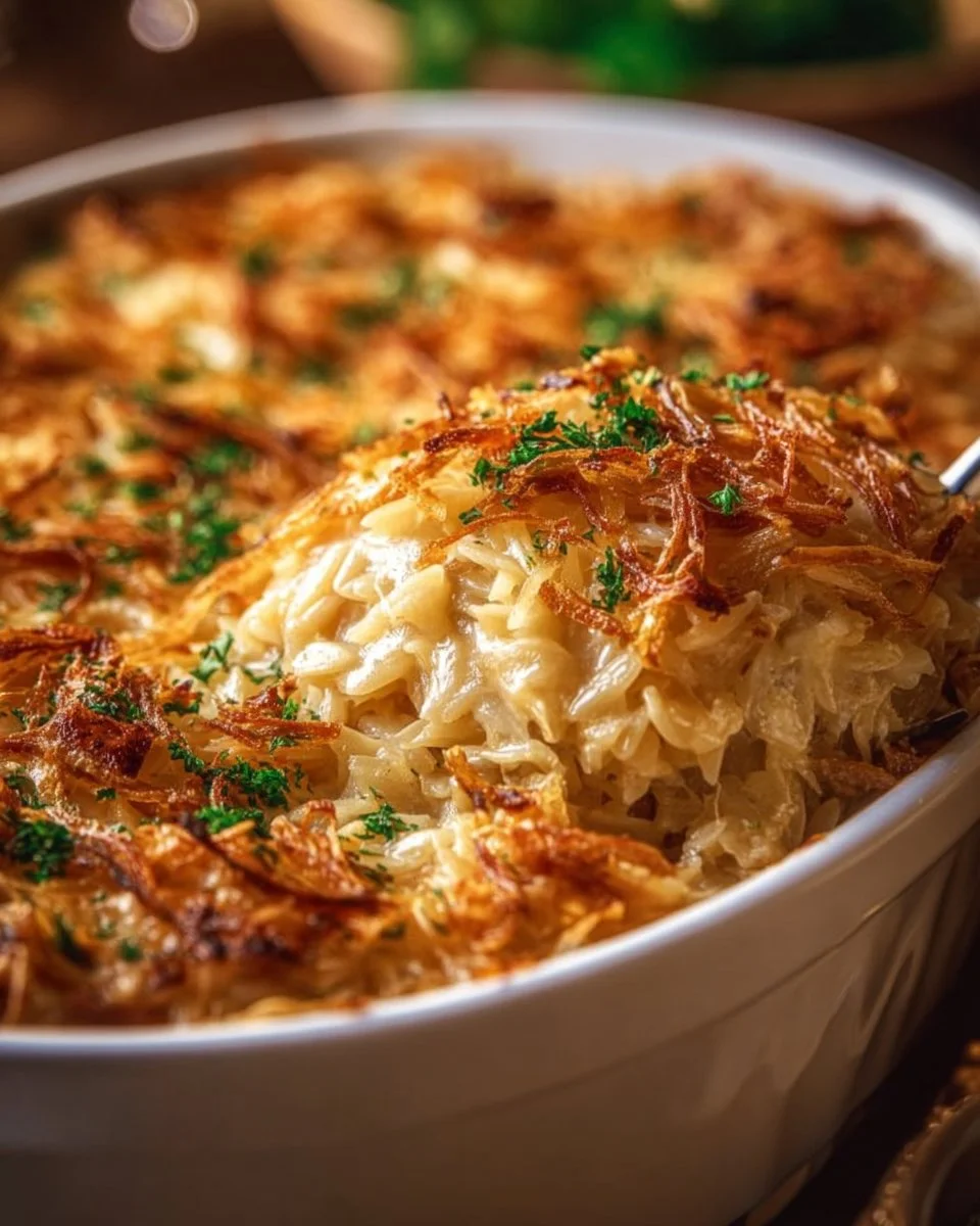 French Onion Chicken Orzo Casserole