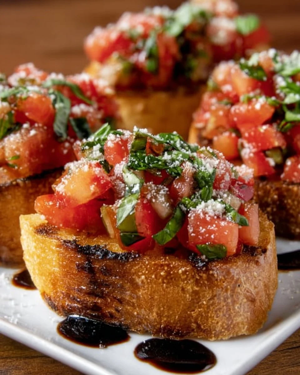 Delicious authentic Italian bruschetta topped with tomatoes and basil