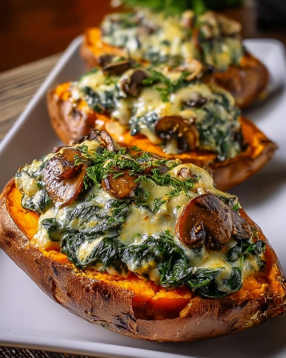 Creamy Mushroom and Spinach Stuffed Sweet Potatoes