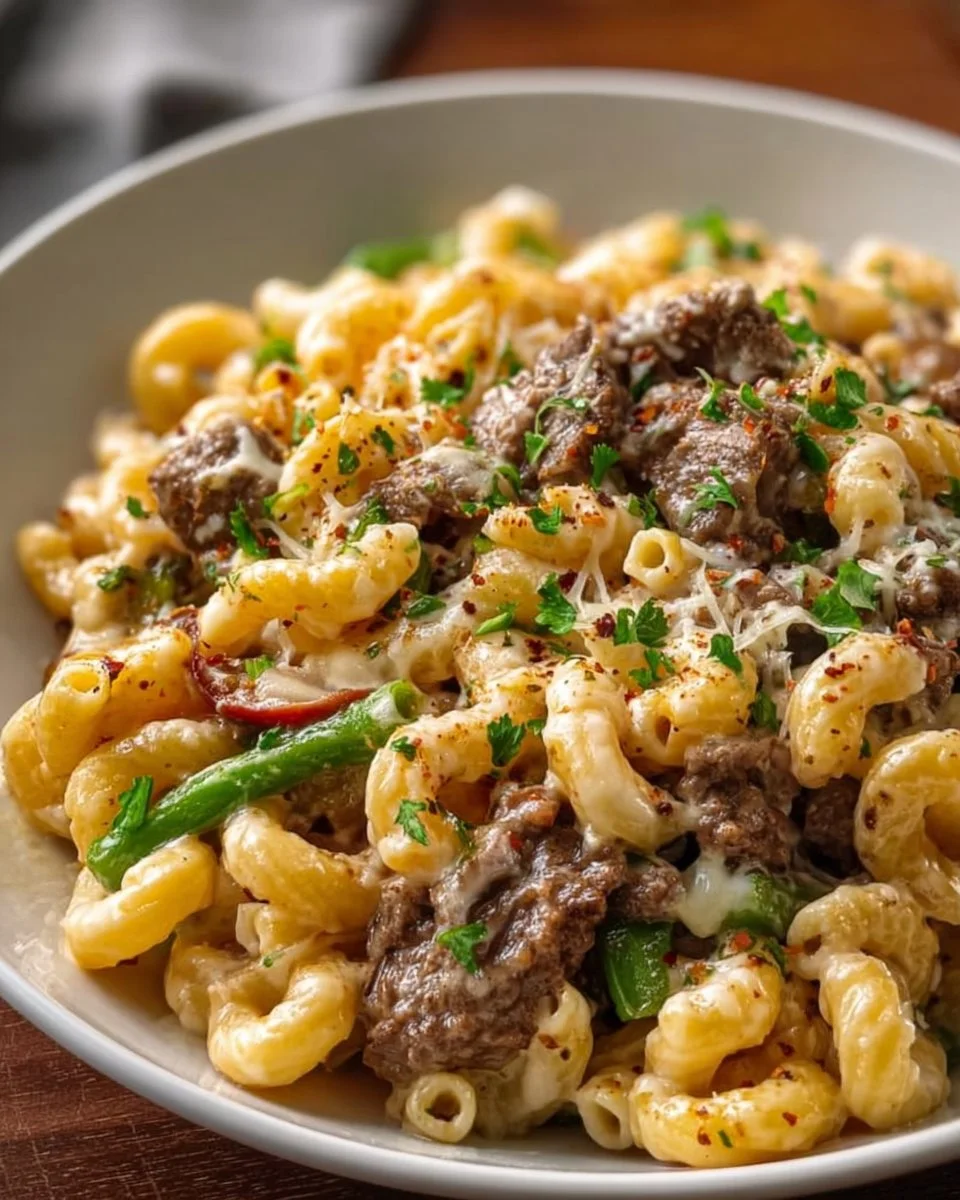 High Protein Creamy Philadelphia Cheesesteak Macaroni and Cheese