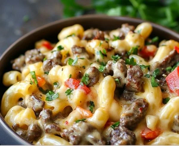 High-Protein Creamy Philly Cheesesteak Mac & Cheese Bliss