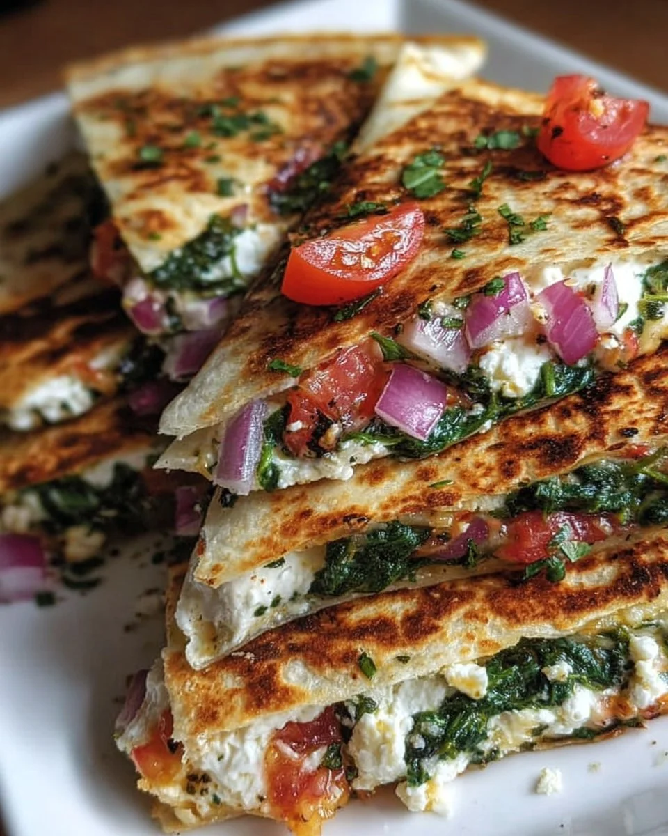 Mediterranean Quesadillas with Spinach, Feta, Mozzarella, and Red Onion
