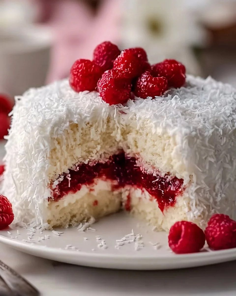Raspberry Surprise Coconut Snowball Cake
