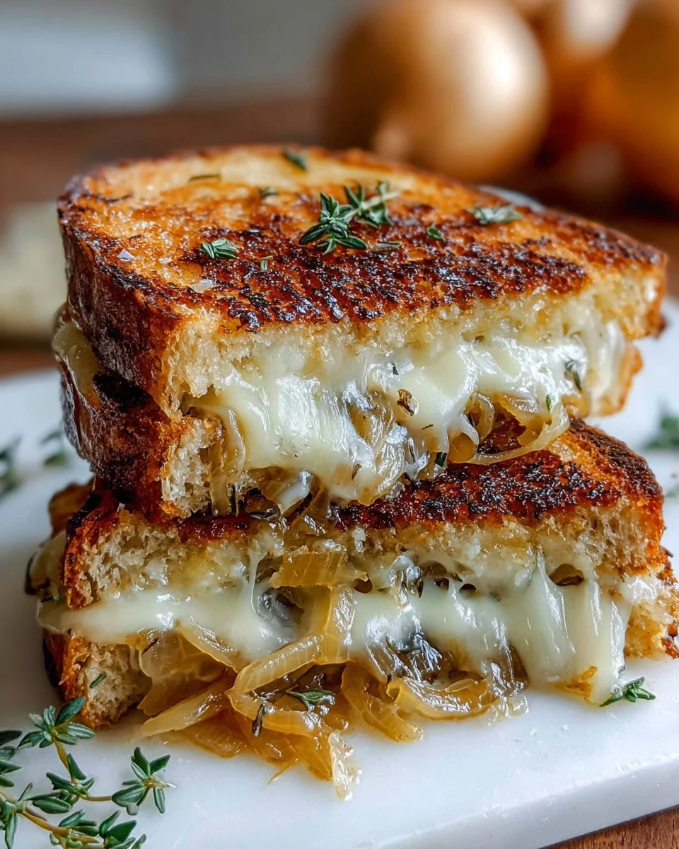 Delicious sourdough grilled cheese sandwich with caramelized onions