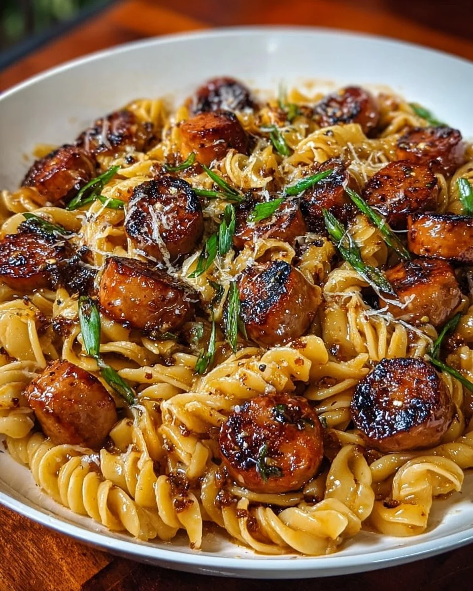 Sticky Honey Garlic Sausage Pasta Skillet
