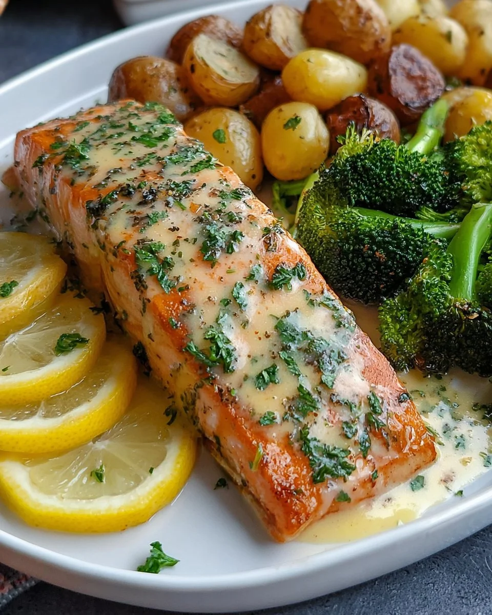 Lemon Butter Salmon with Crispy Potatoes and Broccoli