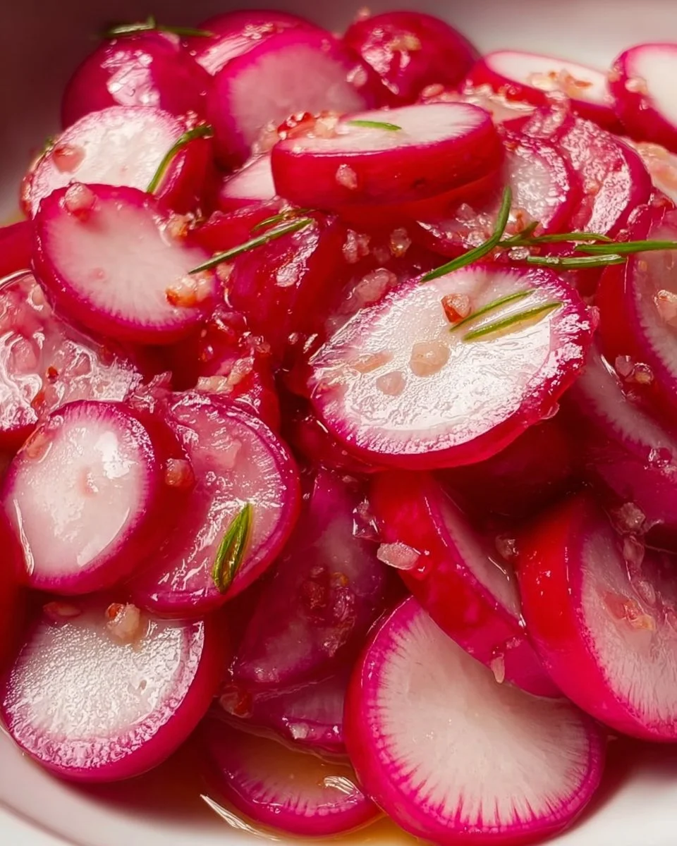Delicious homemade pickled radishes in a glass jar