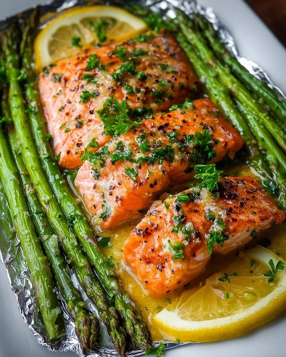 Salmon and Asparagus Foil Packs with Garlic Lemon Butter Sauce