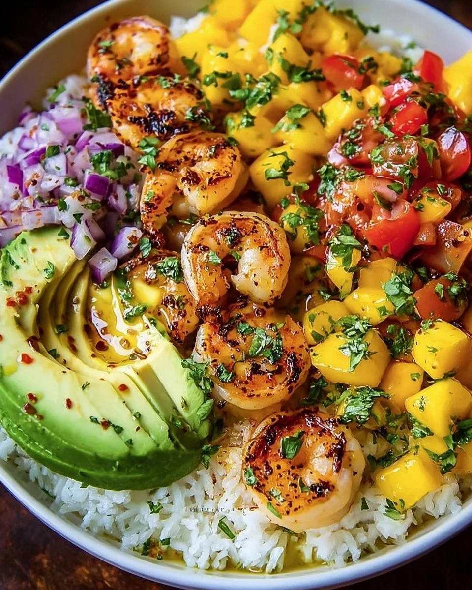 Shrimp and Avocado Bowls with Mango Salsa & Lime-Chili Sauce