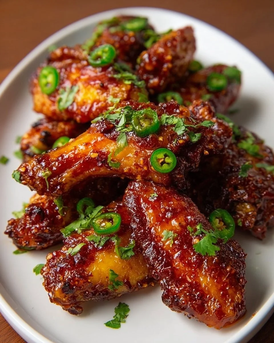 Plate of spicy jalapeño pineapple BBQ chicken wings garnished with fresh herbs