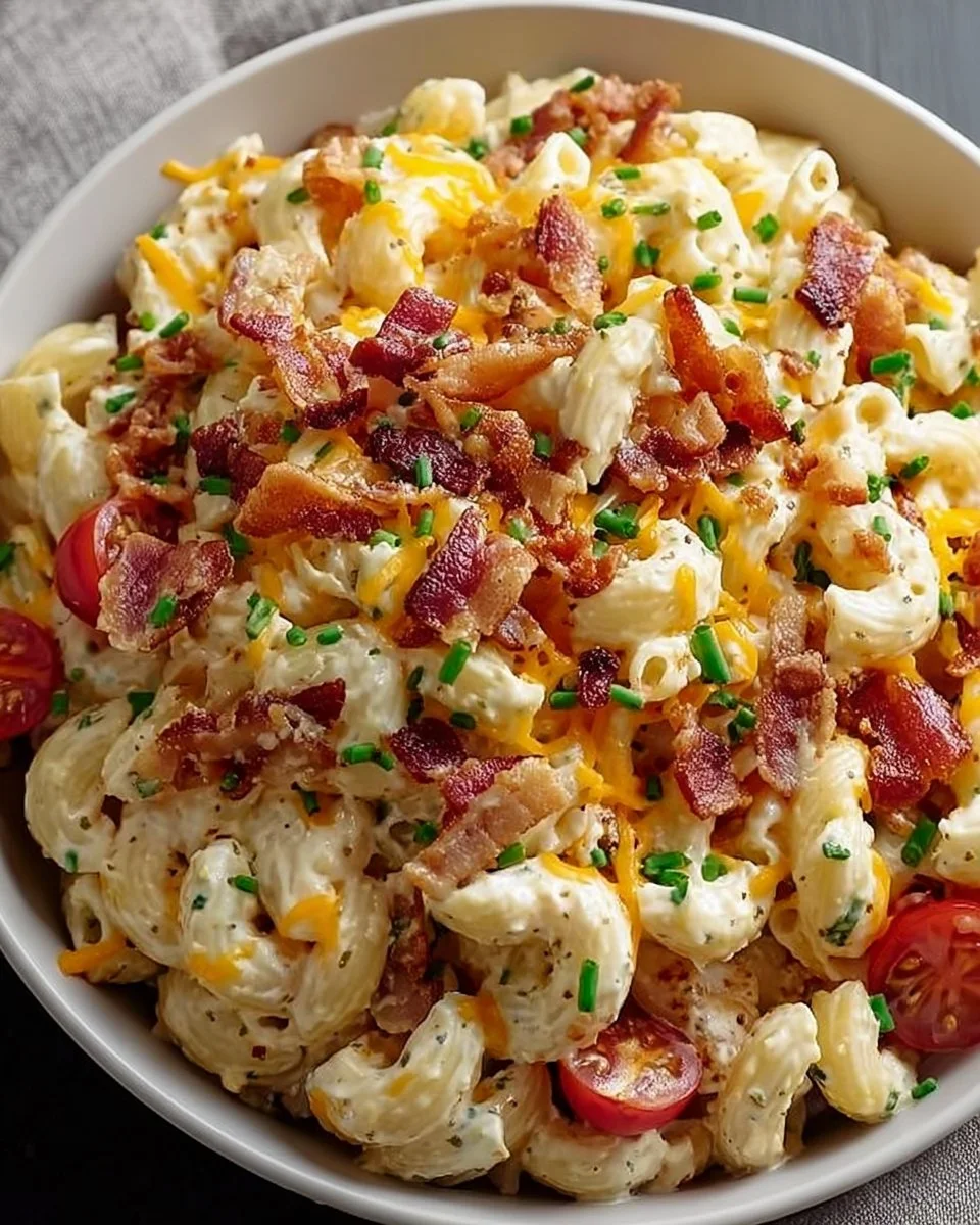 Bacon Cheddar Ranch Pasta Salad in a serving bowl with fresh ingredients.
