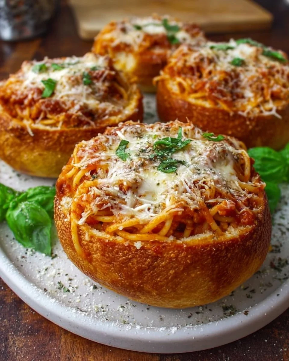 Cheesy Spaghetti in Garlic Bread Bowls