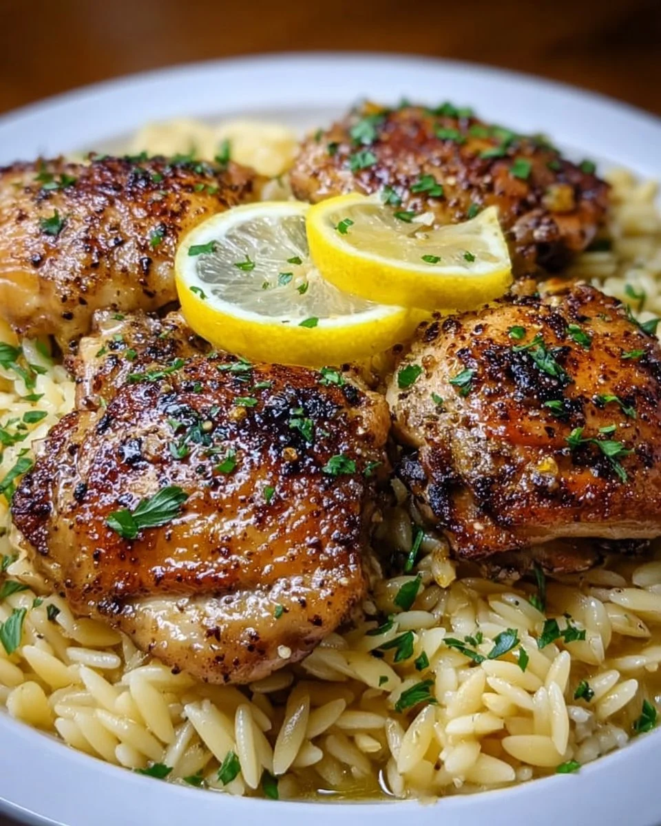One Pan Lemon Garlic Chicken Thighs with Orzo