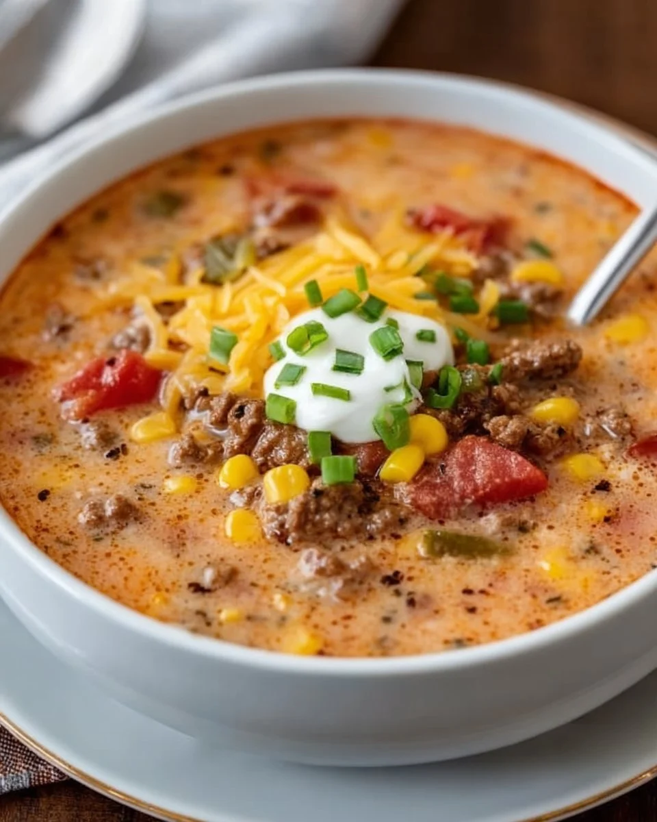 Creamy Cowboy Soup in a rustic bowl with fresh herbs and ingredients