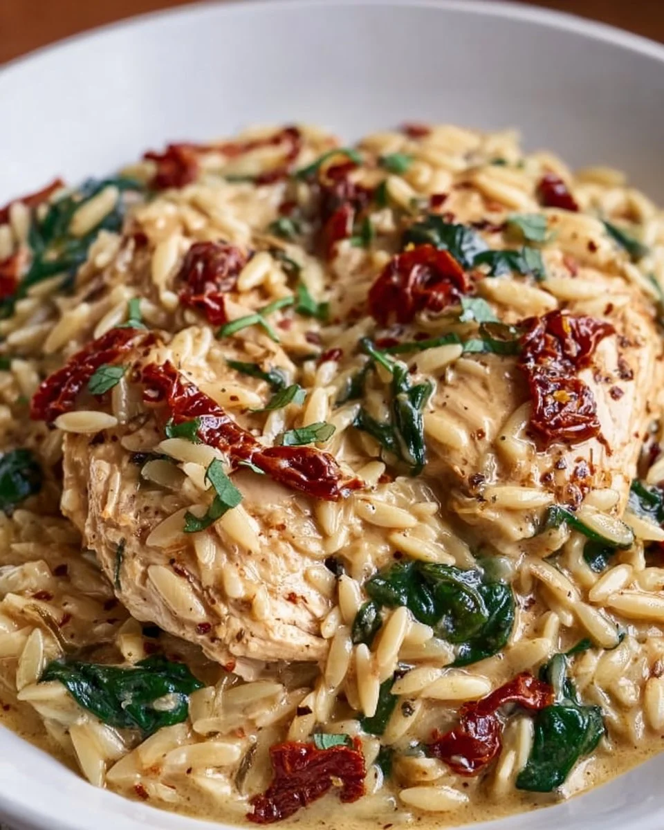 Creamy Slow Cooker Tuscan Chicken Orzo
