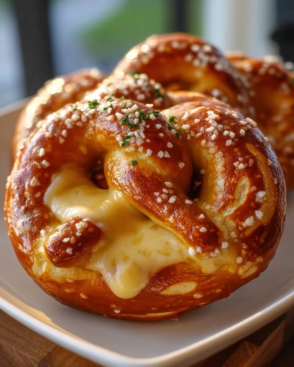 Warm and gooey cheese stuffed pretzels fresh out of the oven