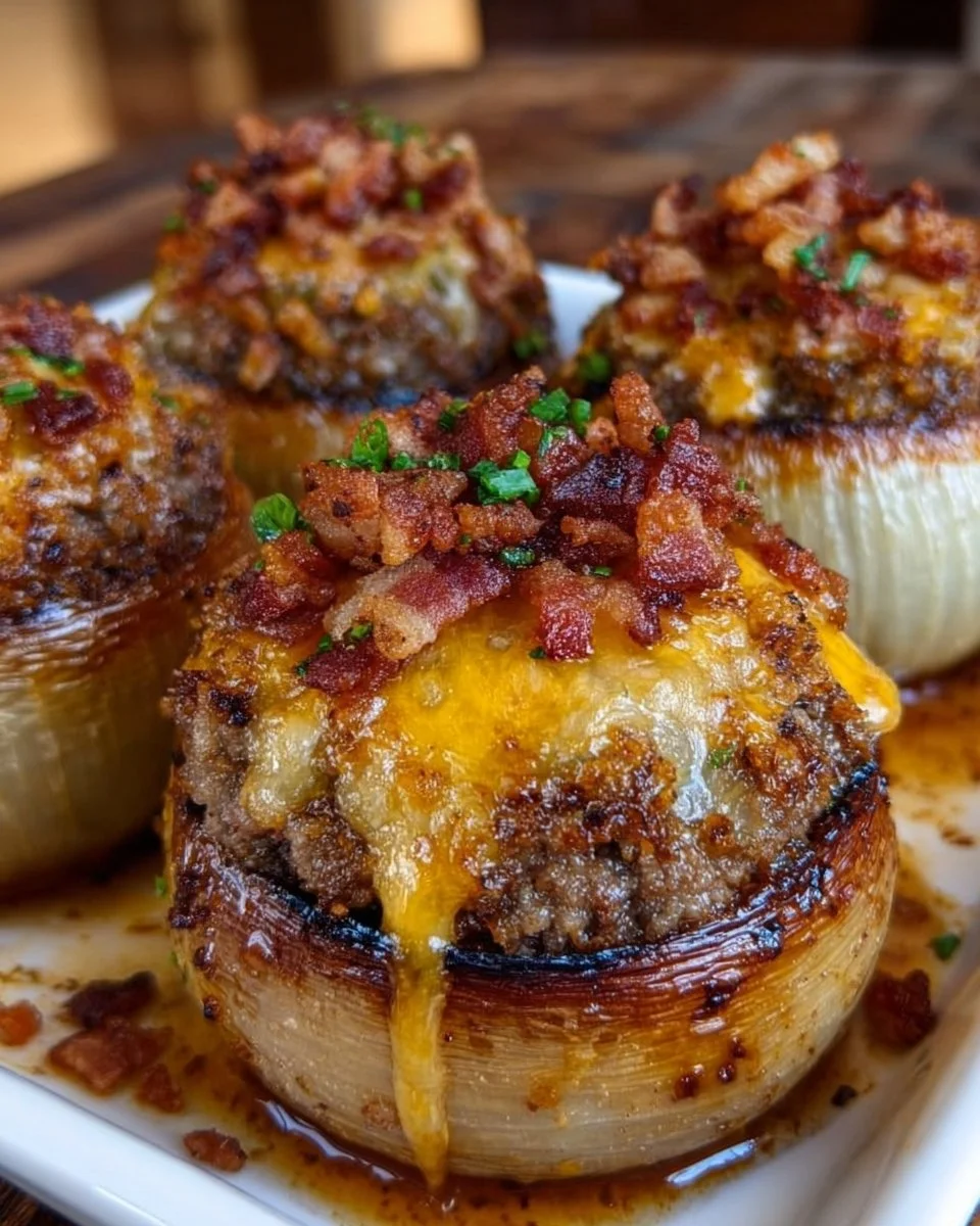 Delicious cheeseburger stuffed onions with bacon and cheddar.