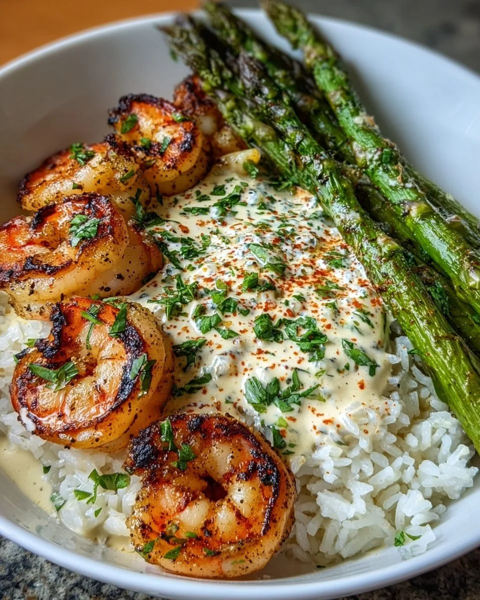 Grilled Shrimp Bowl with Asparagus & Creamy Garlic Sauce