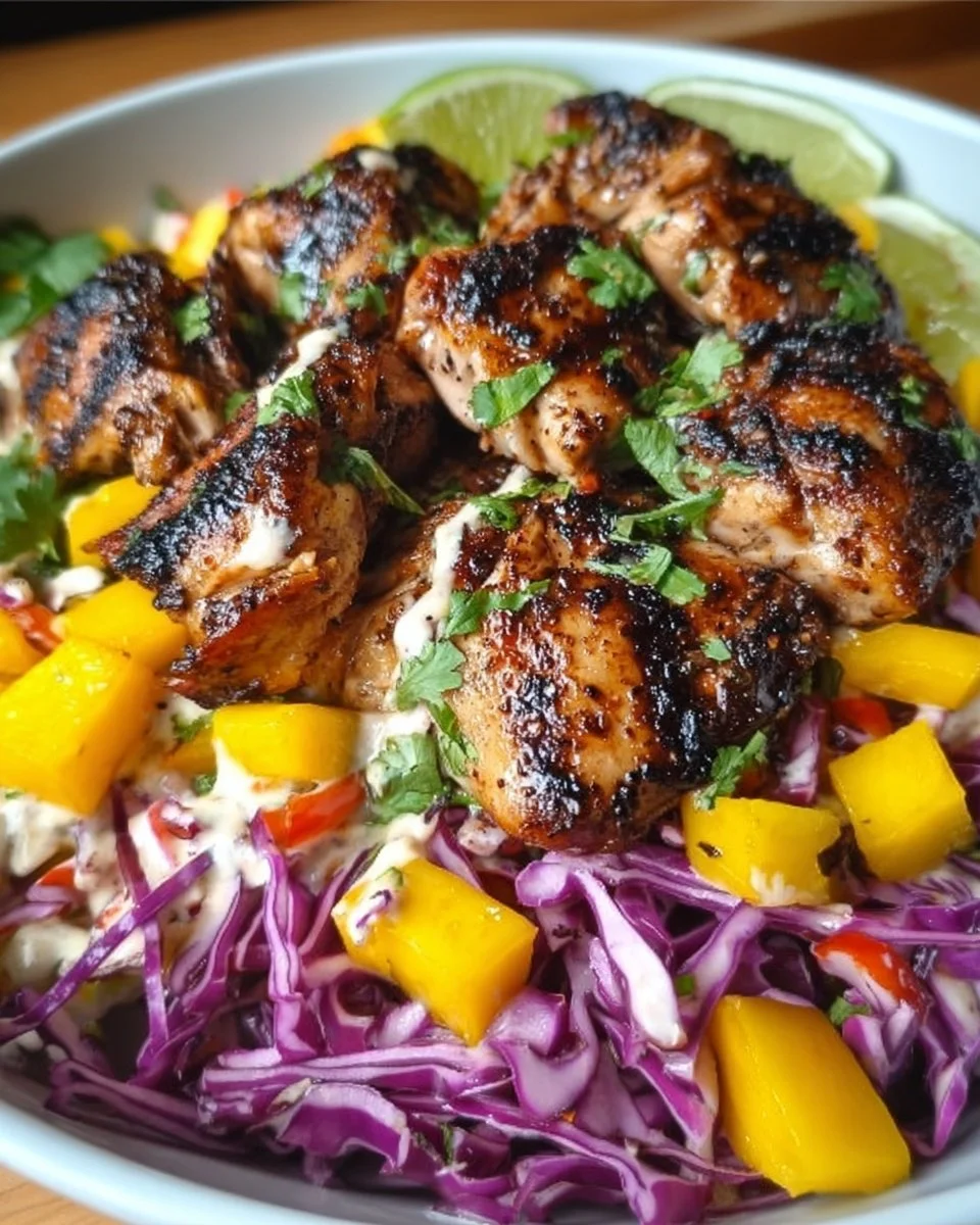 Jerk Chicken & Mango Slaw Bowls with Honey Lime Cream