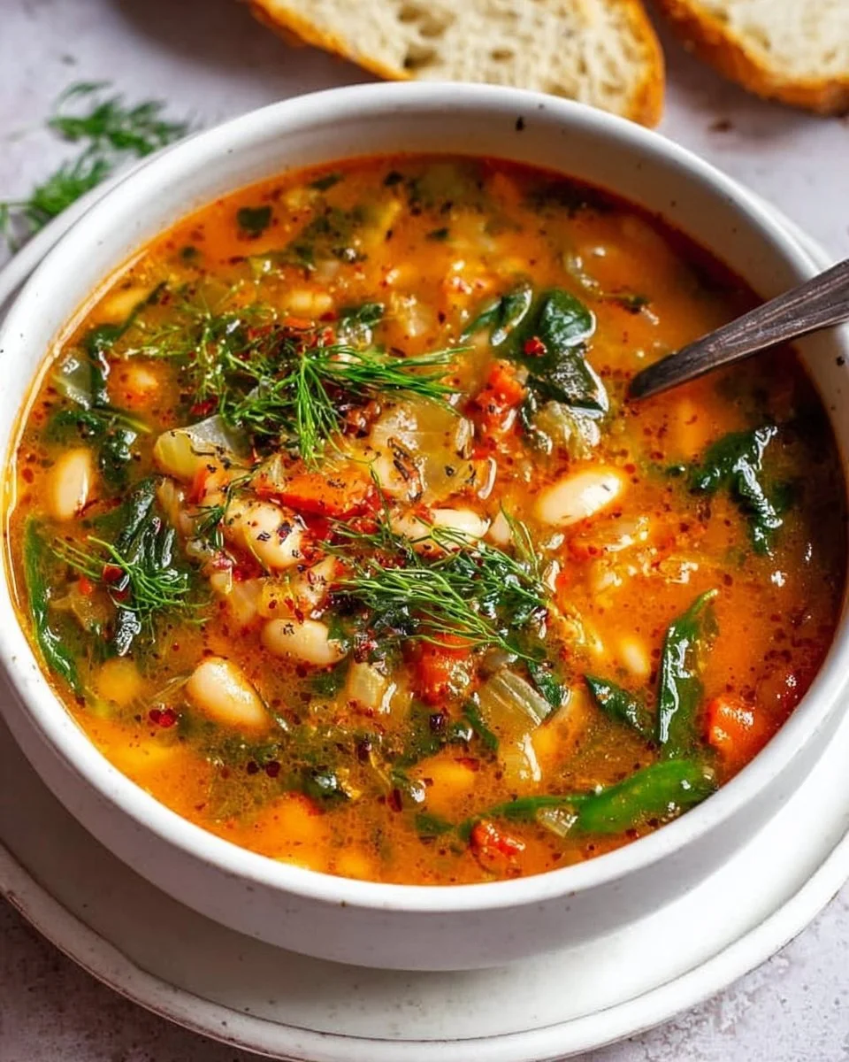 Mediterranean white bean soup with spinach and dill in a serving bowl
