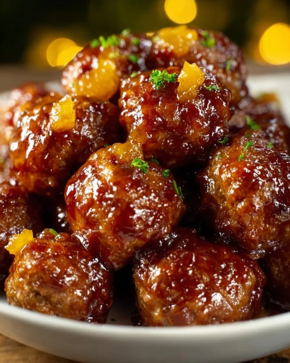 Delicious Peach Bourbon Meatballs served at a holiday party.