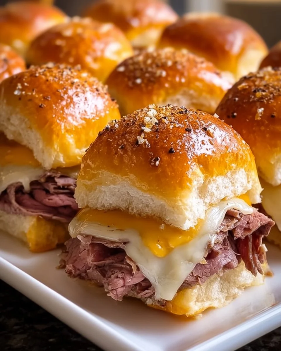Delicious roast beef sliders served on a platter with toppings