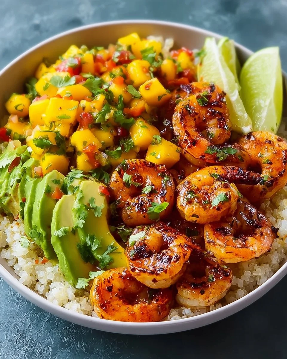 Shrimp and Avocado Bowls with Mango Salsa and Lime Chili Sauce