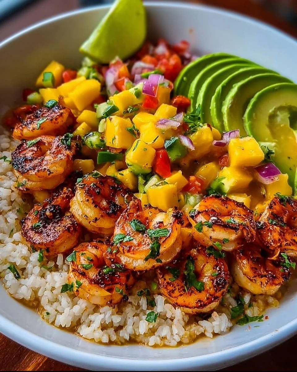 Shrimp and Avocado Bowls with Mango Salsa & Lime-Chili Sauce