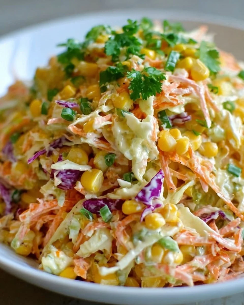 Bowl of spicy corn slaw with vibrant veggies and a zesty dressing