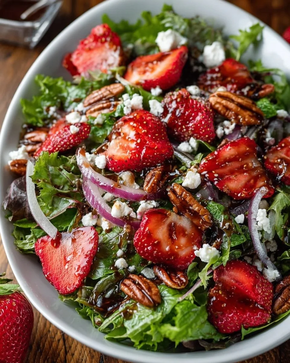 Strawberry feta salad with fresh greens and sliced strawberries